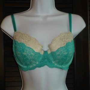 VS Teal Green & White Lace Metallic Lined Bra 34D